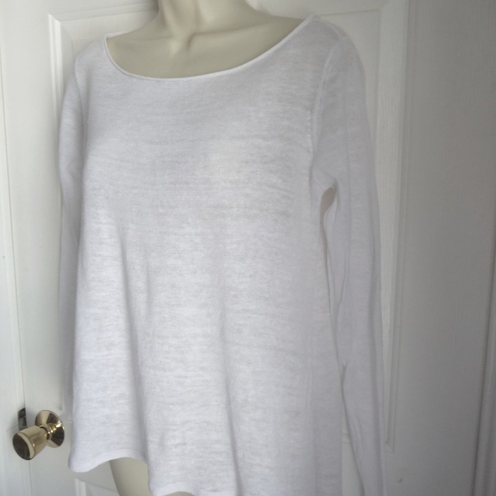 Eileen Fisher S Top Sweater White 100% Linen Knit Scoop Neckline Long Sleeves